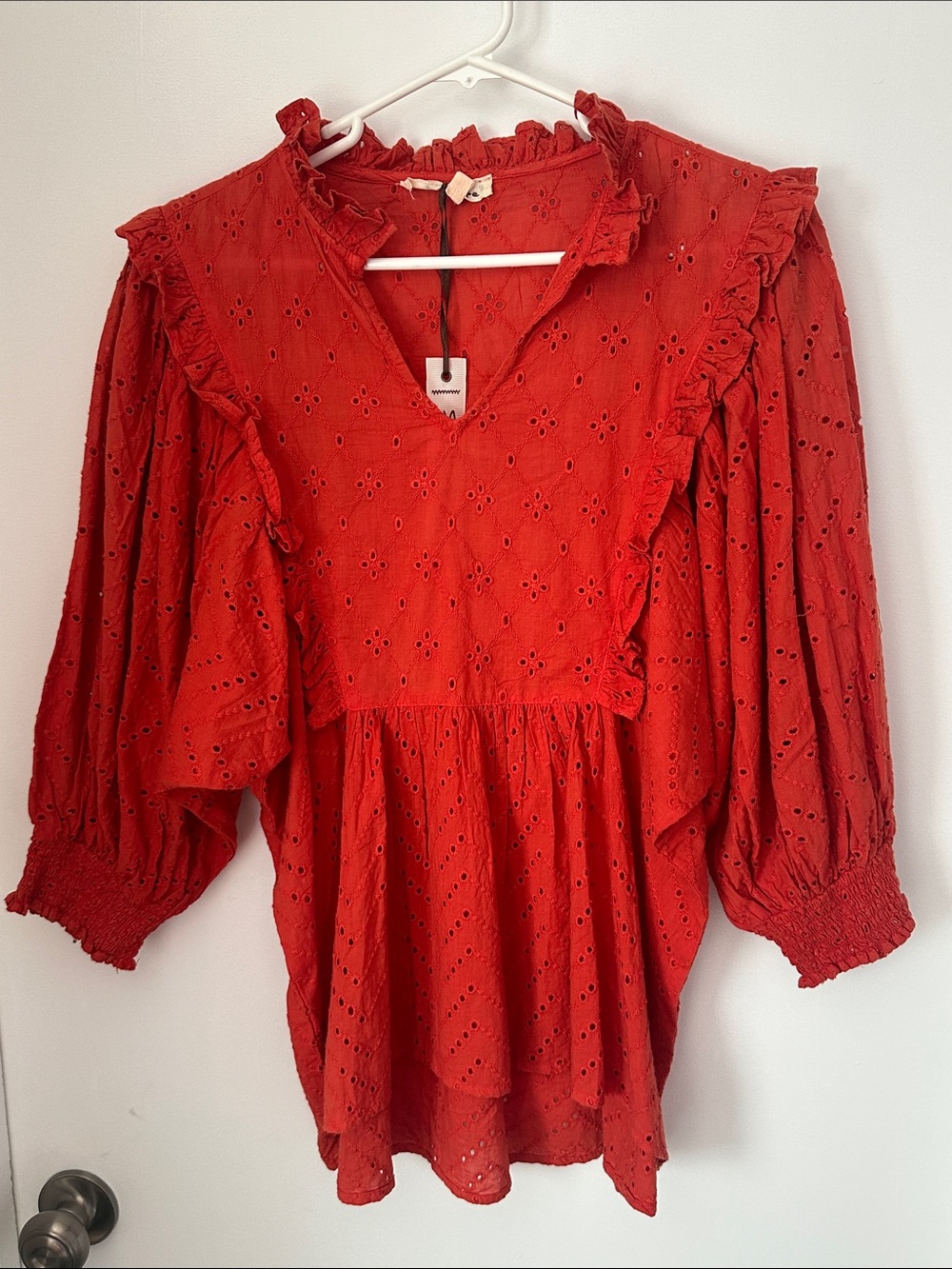 Solitaire Red Eyelet Ruffle Tunic